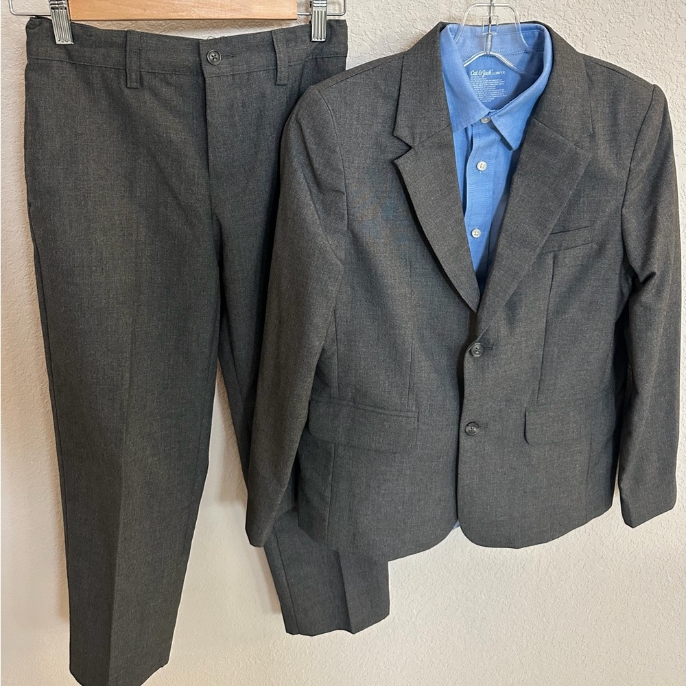 Cat & Jack Boys Size 12 Charcoal Gray Suit with Blue Shirt and Black Dress Shoes